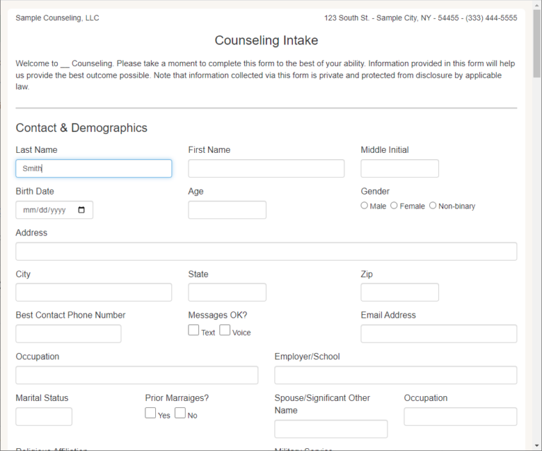 Patient intake form