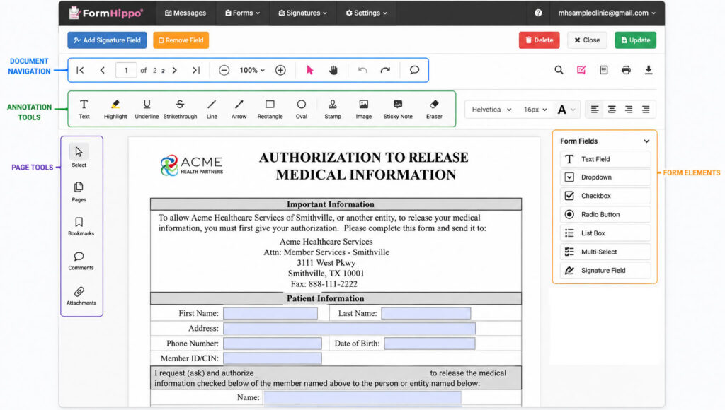 FormHippo PDF editor with annotation tools and form fields for HIPAA compliant PDF forms