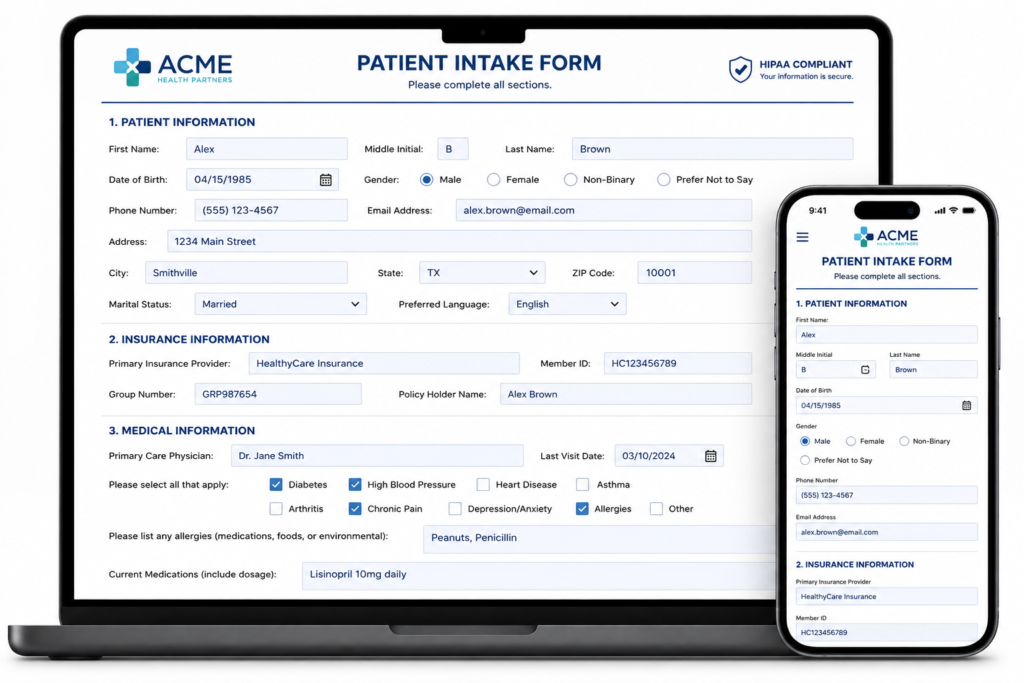 HIPAA compliant PDF form displayed on a laptop and mobile phone for secure patient completion