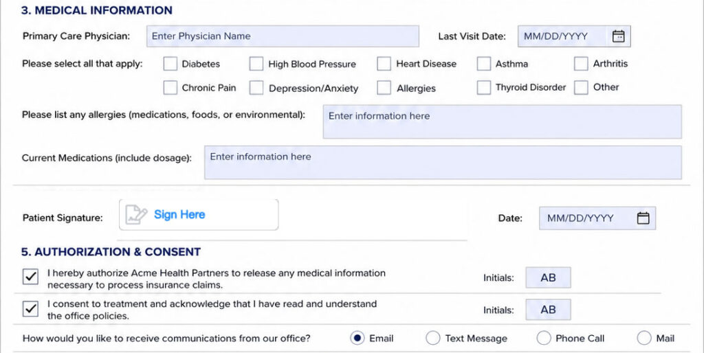 Fillable healthcare PDF form with text fields, checkboxes, dropdowns, dates and electronic signatures